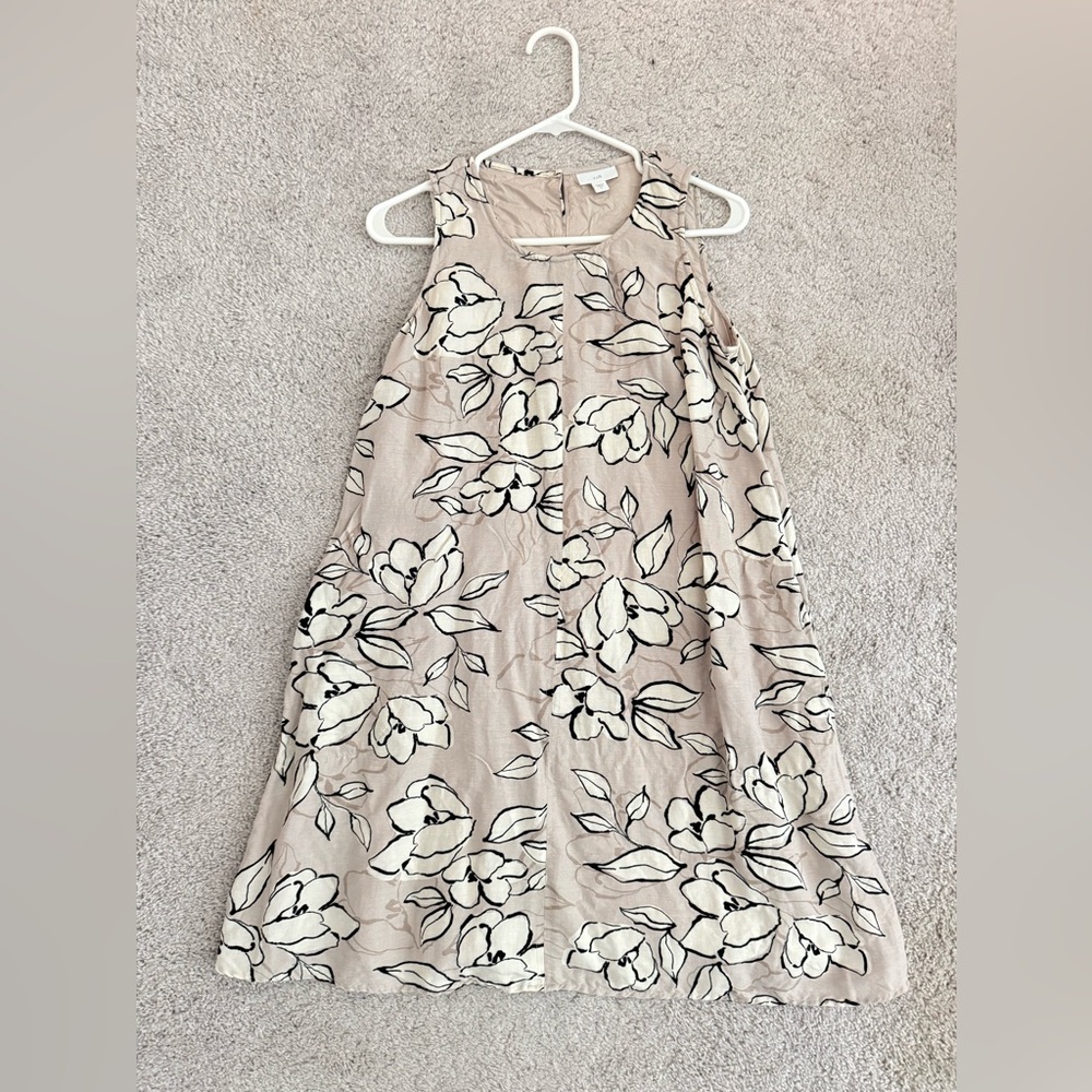 J. Jill Beige and Black Floral Linen Dress Natural Fibers Neutral Elegant Color